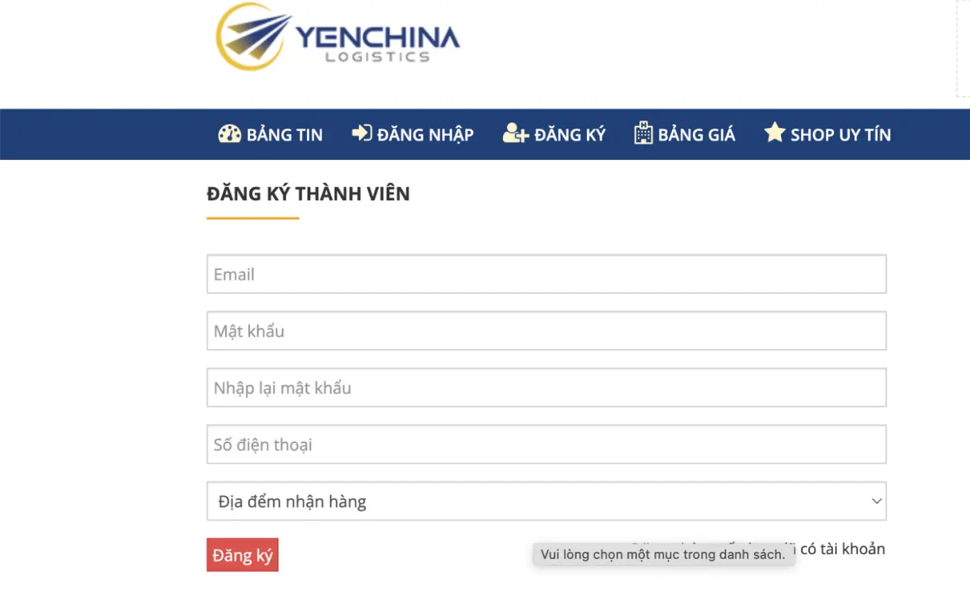 Bước 1: Đăng ký tài khoản thành viên trên hệ thống Yến China Logistics khi order Xianyu
