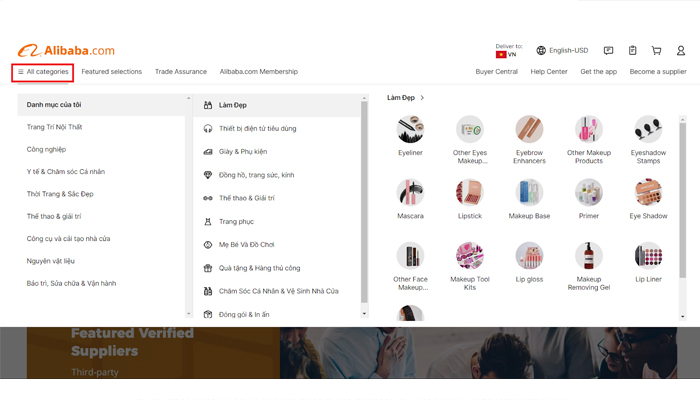 Tìm kiếm loại hàng hóa cần mua tại danh mục “All categories” 