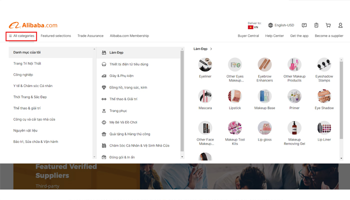 Tìm kiếm loại hàng hóa cần mua tại danh mục “All categories”