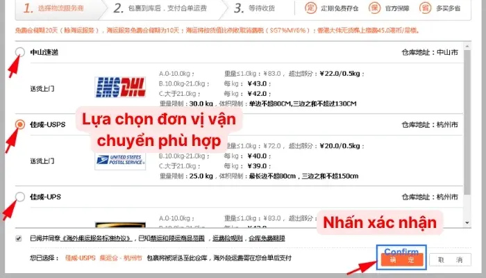 Bước 5: nhấn chọn đơn vị vận chuyển phù hợp
