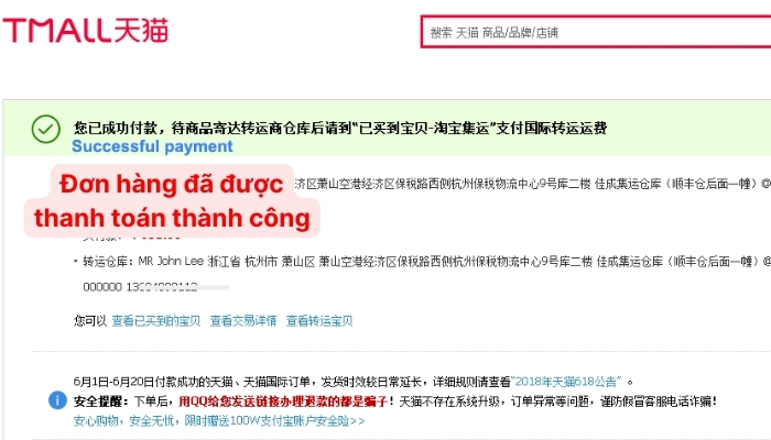 Bước 6: Đơn hàng đã được thanh toán thành công