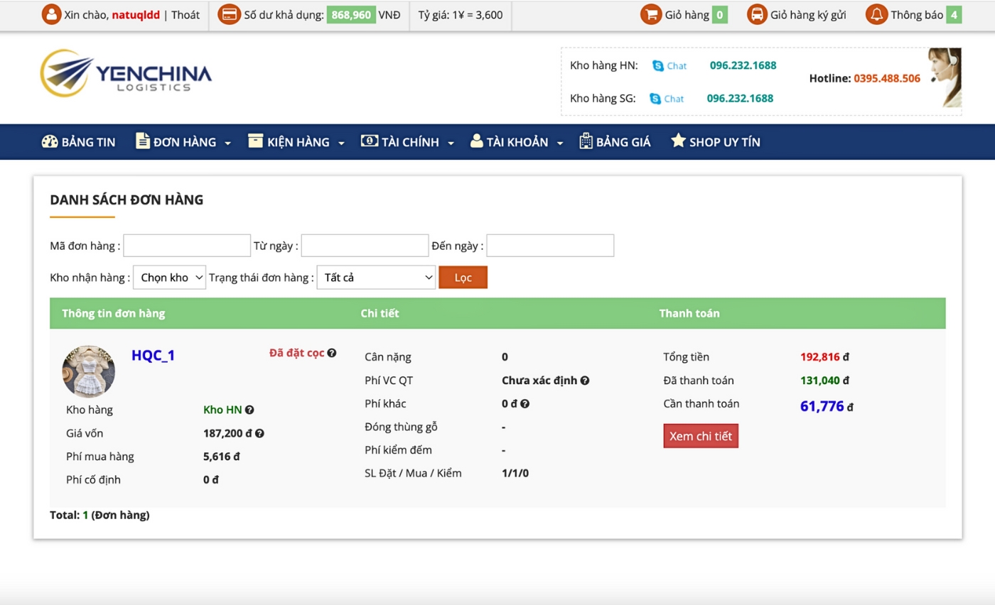 Bước 6: Theo dõi đơn hàng Tmall để hoàn tất nhập hộ hàng hoá Tmall