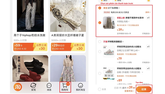 Đặt đơn hàng trên app Taobao