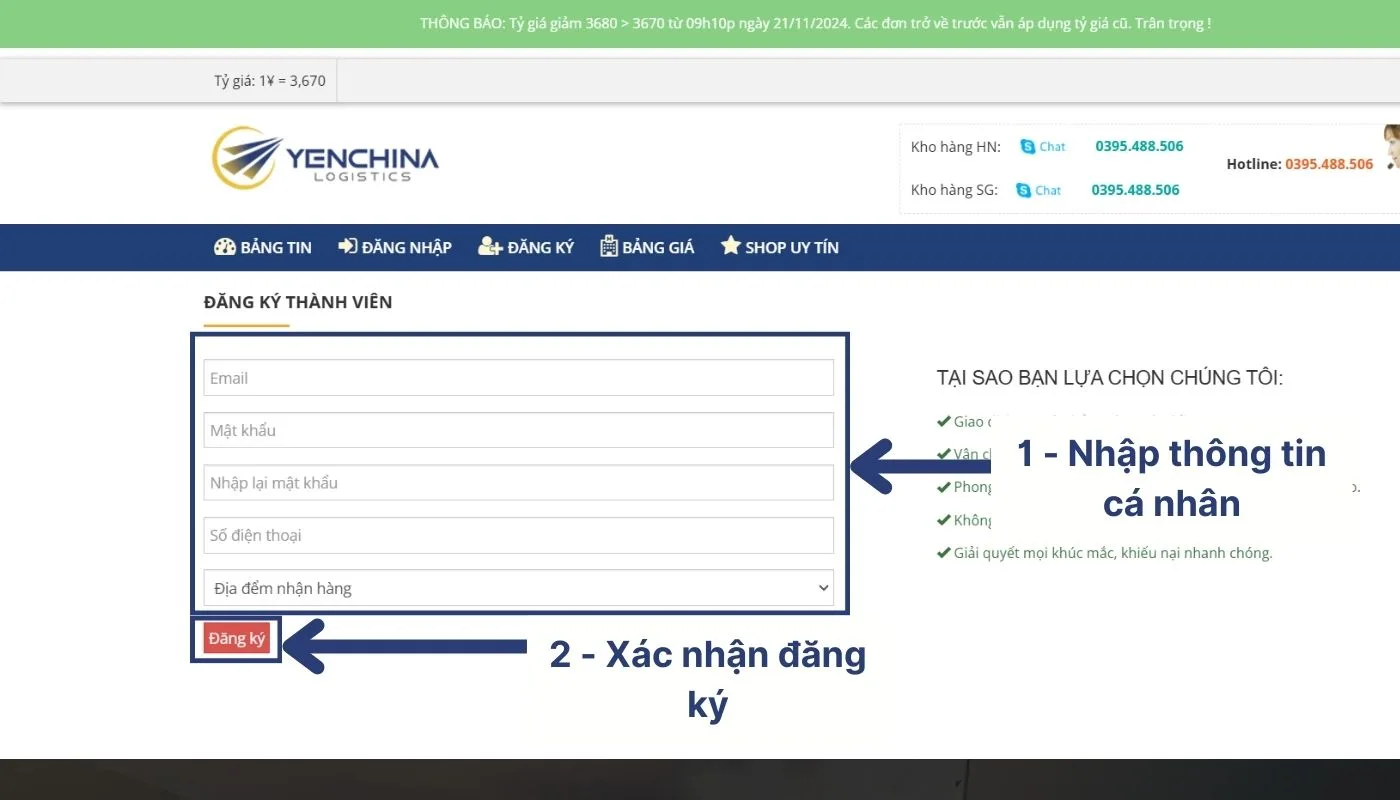 Bước 1: Đăng ký tài khoản thành viên trên hệ thống Yến China Logistics khi order Xianyu