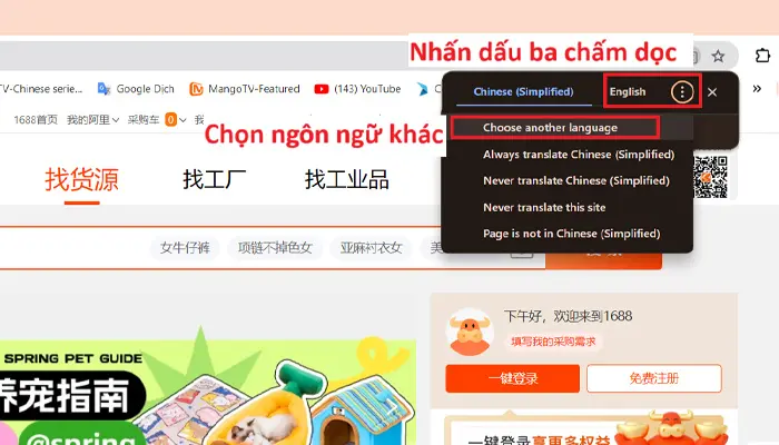 Nhấn vào dấu ba chấm và chọn “Choose another language”