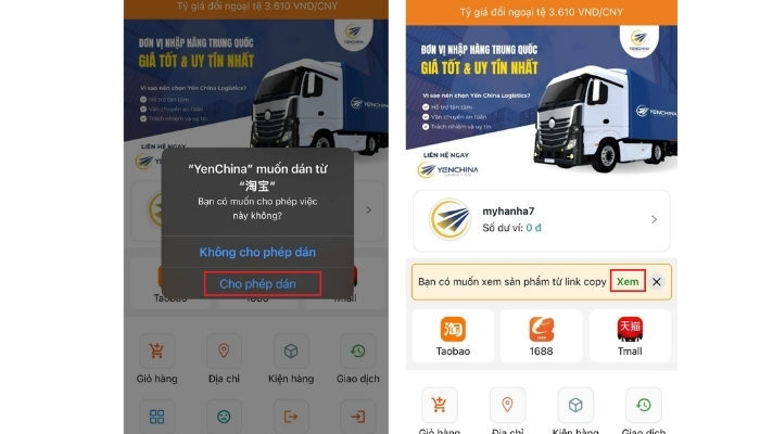 Dán link sản phẩm trên app Yến China và bấm “Xem” để hiển thị thông tin sản phẩm