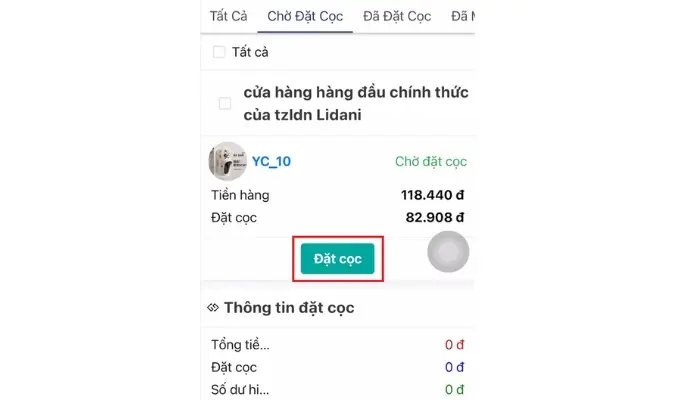 Nhấn chọn “Đặt cọc” để thanh toán tiền đơn hàng