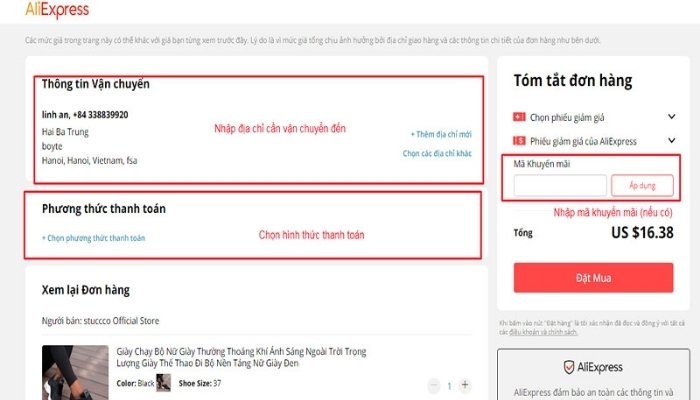 Nhập thông tin vận chuyển và chọn phương thức thanh toán phù hợp
