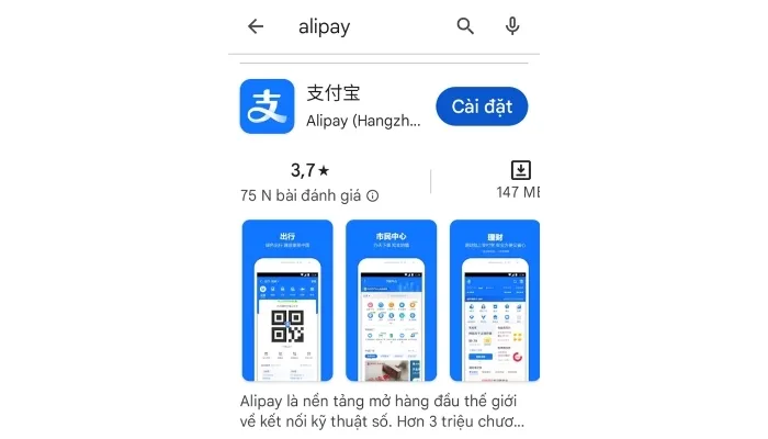 Chọn ứng dụng Alipay trong danh sách kết quả tìm kiếm