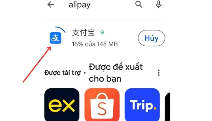 Chờ ứng dụng Alipay tải về máy và cài đặt thành công