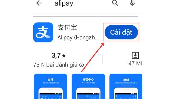 Nhấn chọn “Cài đặt” để tải ứng dụng Alipay về máy