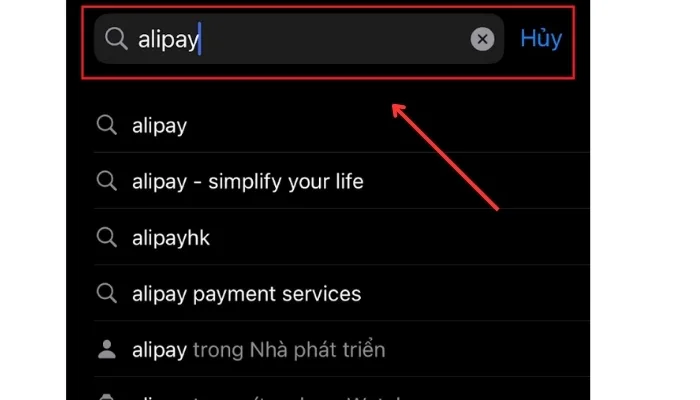 Nhập từ khóa “Alipay” để tìm kiếm ứng dụng