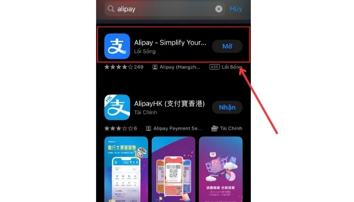 Bấm chọn ứng dụng Alipay trong danh sách kết quả