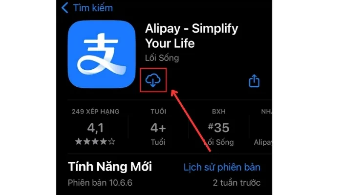 Bấm chọn biểu tượng đám mây hoặc “Nhận” để tải app Alipay