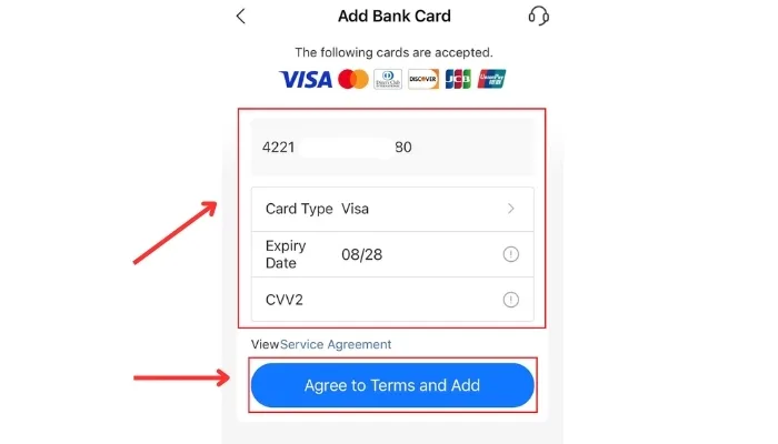 Nhập chính xác thông tin thẻ Visa và nhấn chọn “Agree To Terms And Add”