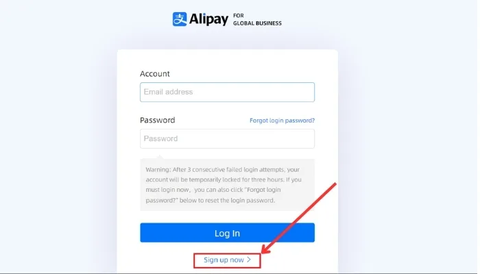 Nhấn chọn “Sign up now” để đăng ký tài khoản Alipay