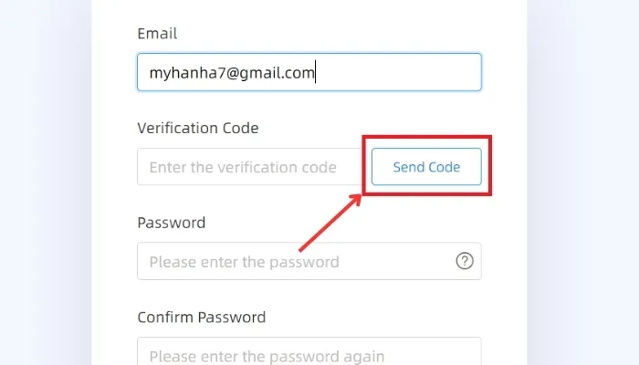 Nhấn chọn “Send Code” để nhận mã OTP gửi về địa chỉ email