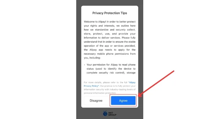 Nhấn chọn “Agree” để đồng ý các điều khoản sử dụng app Alipay