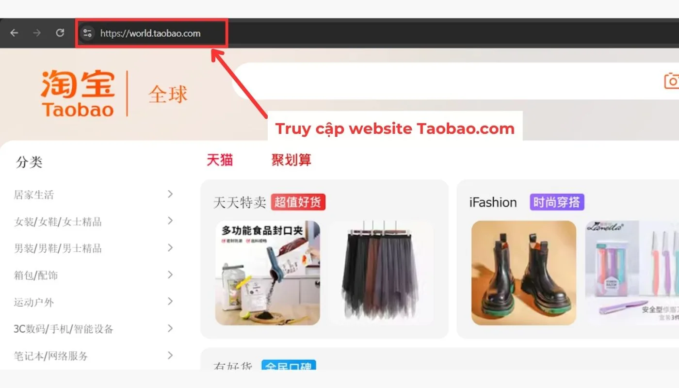 Truy cập Taobao trên máy tính theo đường link https://world.taobao.com/