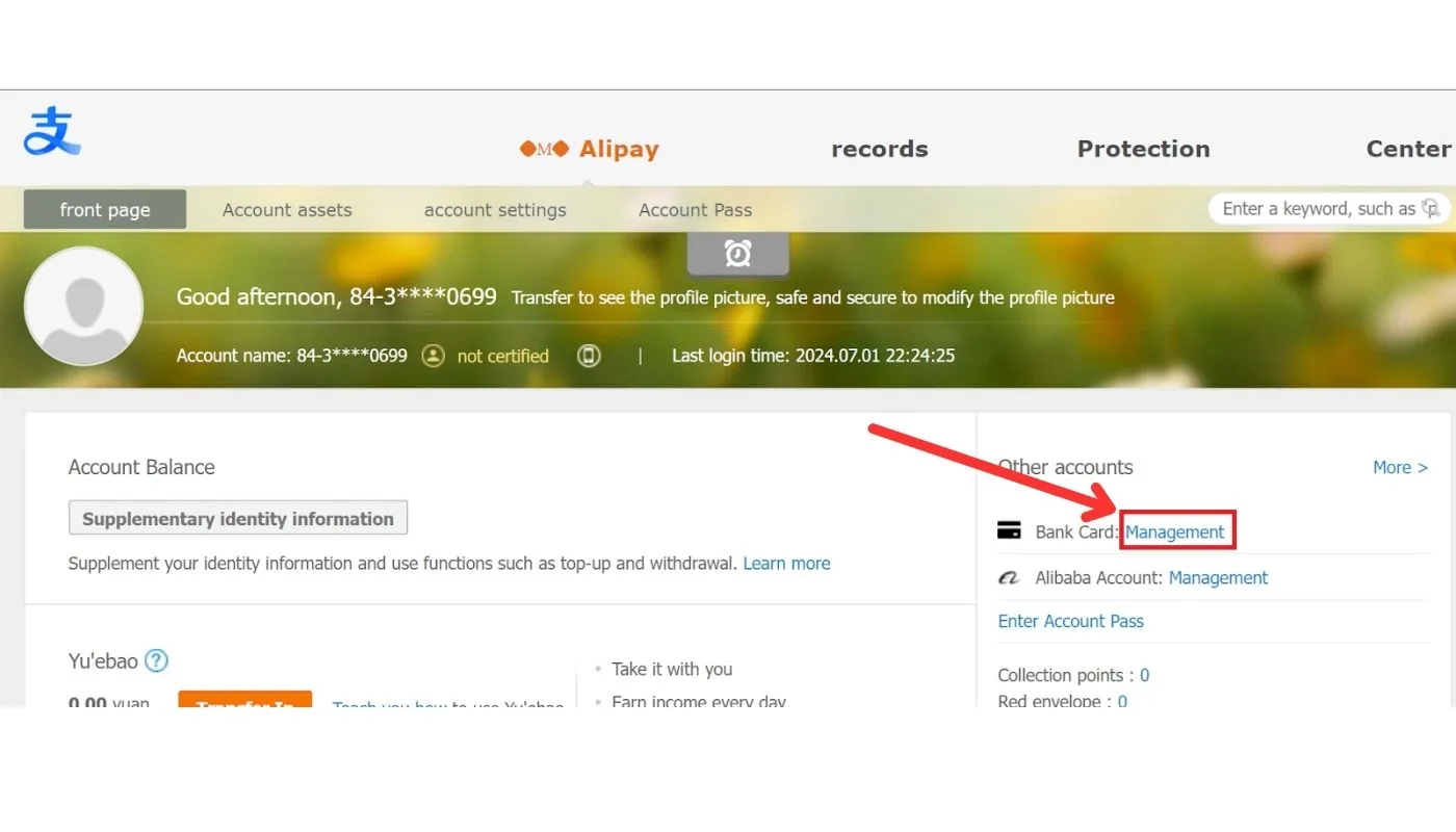 Bấm chọn “Management” để tiến hành liên kết thẻ ngân hàng với Alipay