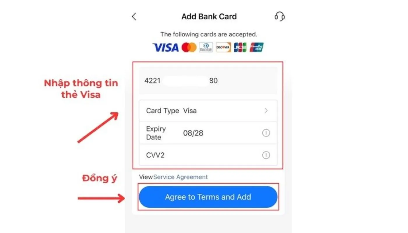 Điền chính xác các thông tin thẻ Visa và bấm “Agree To Terms And Add”