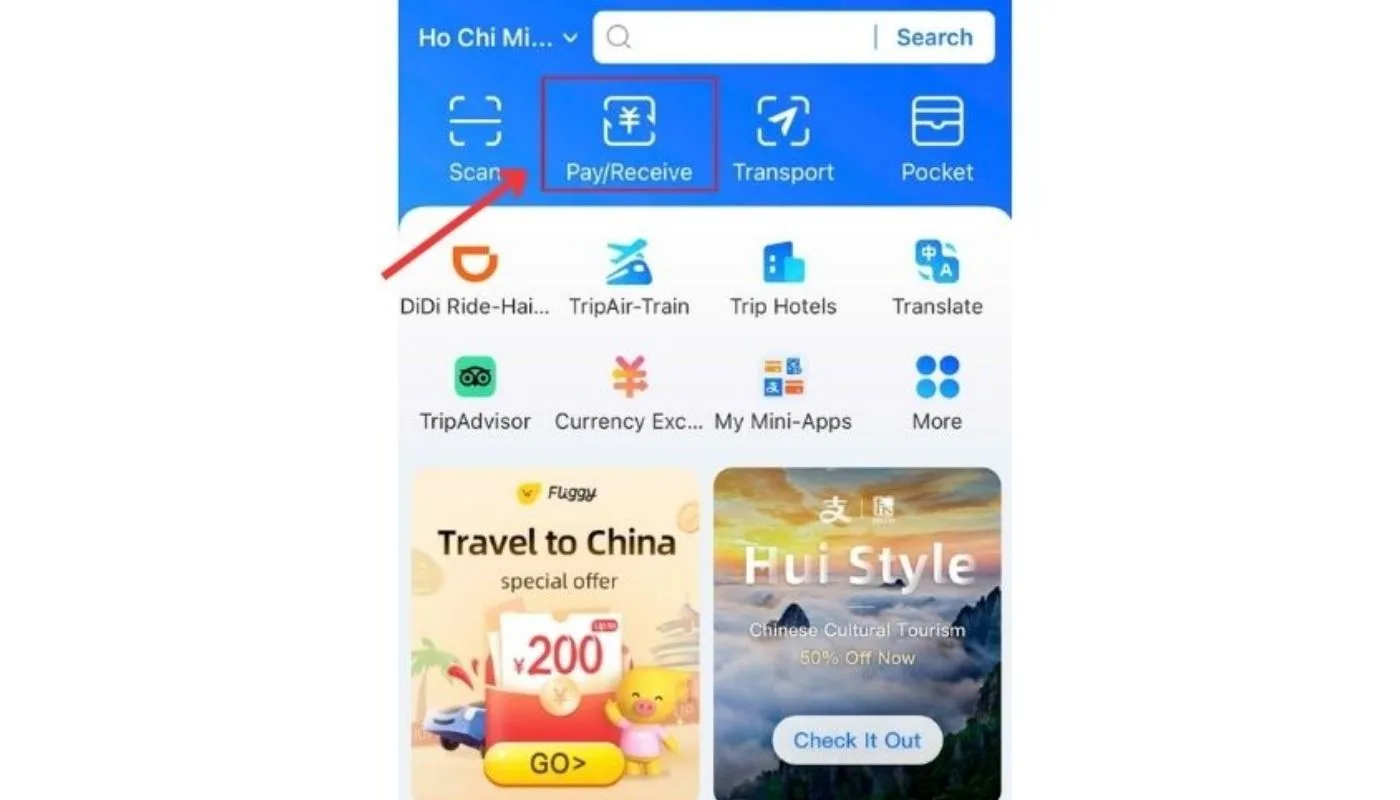 Bấm chọn “Pay/Receive” để tiến hành nạp tiền vào ví điện tử Alipay