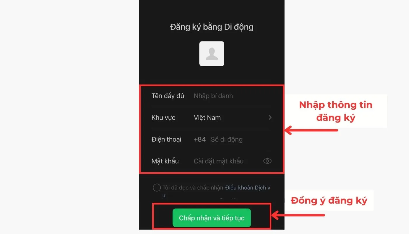 Nhập chính xác các thông tin cần thiết và nhấn “Chấp nhận và tiếp tục”