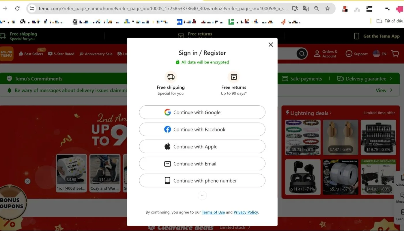 Bước 2: Tiến hành đăng ký tài khoản mua hàng trên web Temu