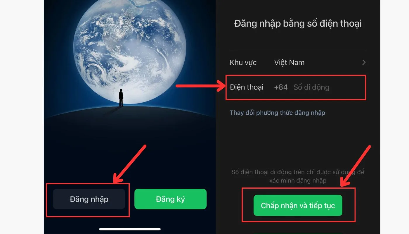 Nhập SĐT đã đăng ký Wechat và nhấn “Chấp nhận và tiếp tục”