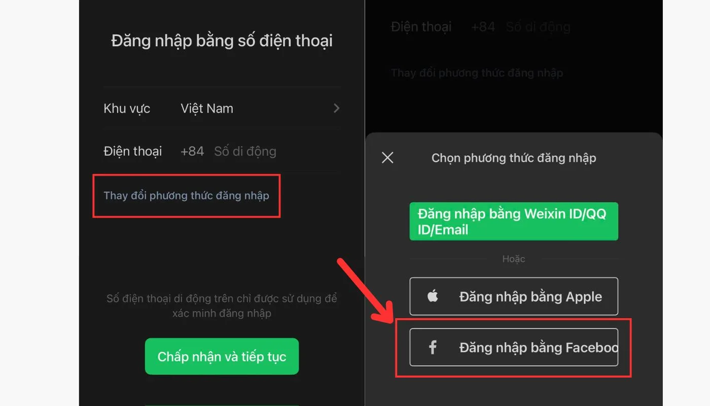 Chọn “Thay đổi phương thức đăng nhập” và “Đăng nhập bằng Facebook”