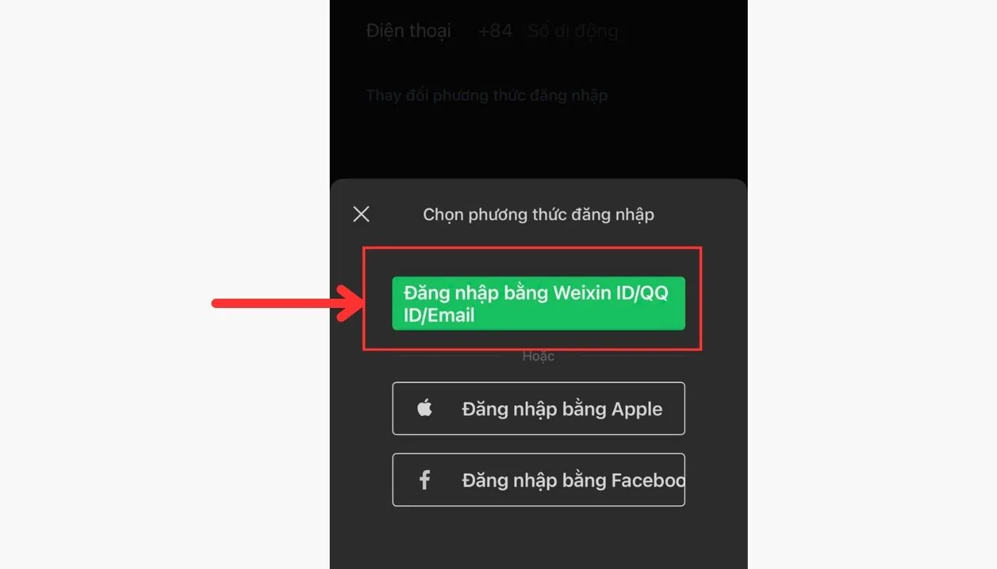 Chọn phương thức “Đăng nhập bằng Weixin ID/QQ/ID/Email”