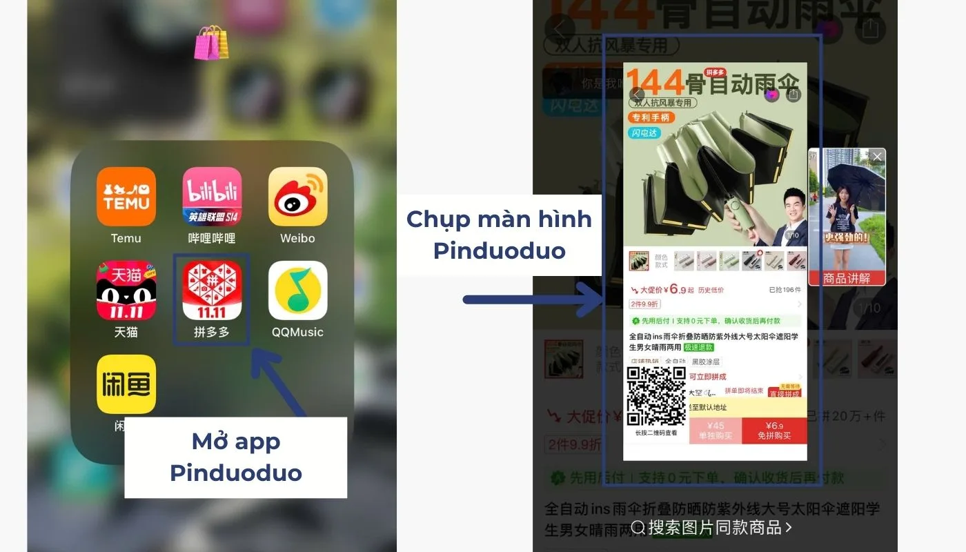 Bước 2: Mở app Pinduoduo và cắt màn hình