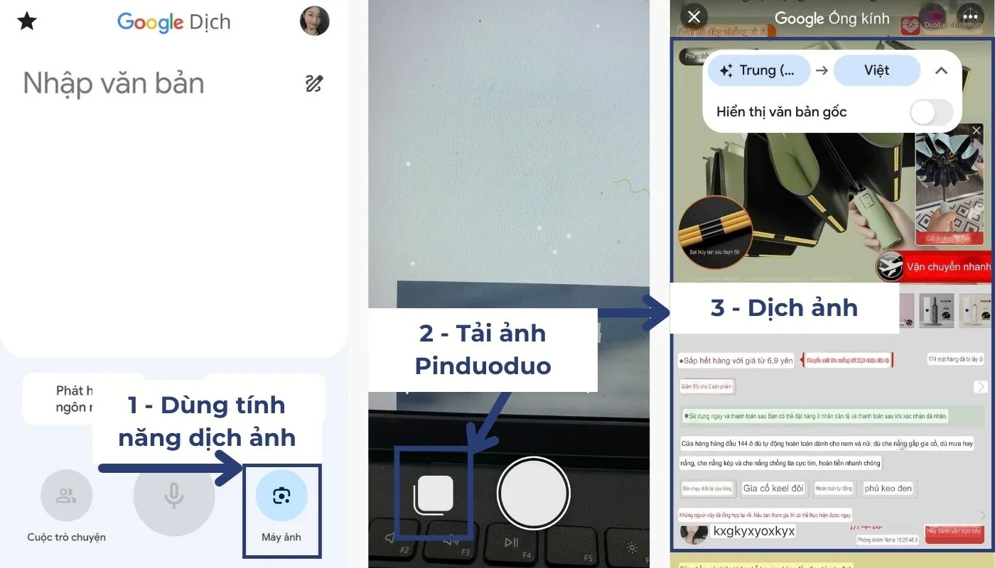 Bước 3 của cách sử dụng Pinduoduo tiếng Việt: Dùng tính năng dịch hình ảnh của app Google Dịch