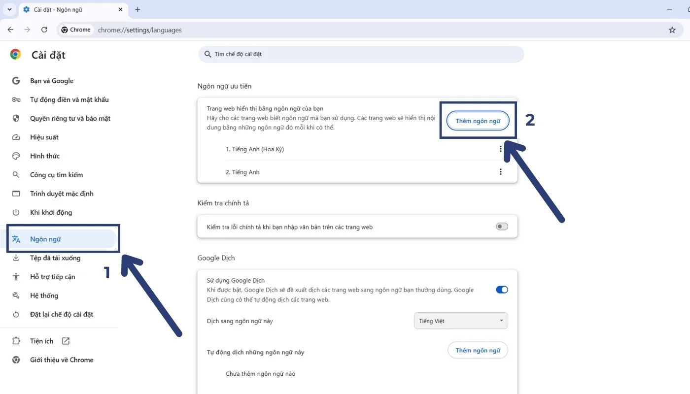 Bước 2: Cài đặt ngôn ngữ dịch website tự động