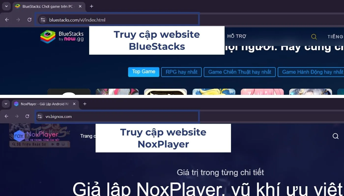 Bước 1 của cách tải Pinduoduo trên máy tính: Tìm kiếm ứng dụng giả lập Bluestacks hoặc NoxPlayer 