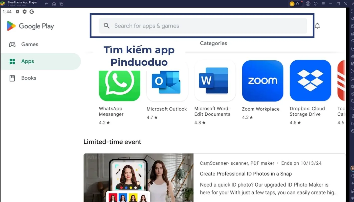 Nhập từ khóa “Pinduoduo” tại thanh tìm kiếm Google Play trên BlueStacks