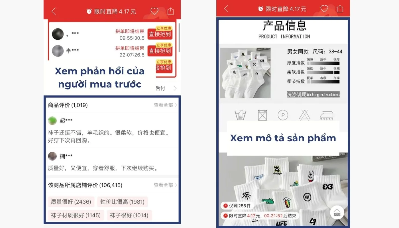 Xem đánh giá chi tiết về sản phẩm - Cách thêm hàng vào giỏ Pinduoduo chính xác