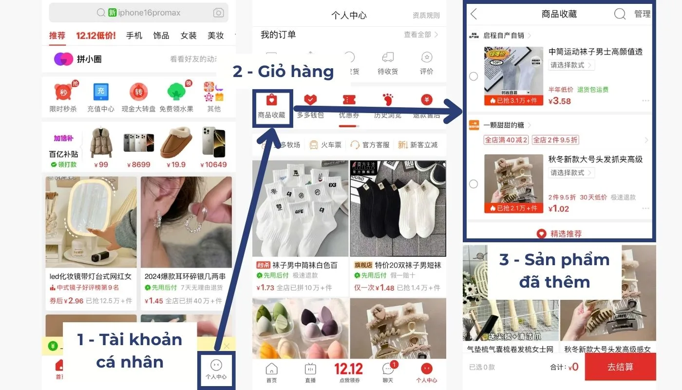 Cách thêm hàng vào giỏ Pinduoduo và kiểm tra lại đơn hàng