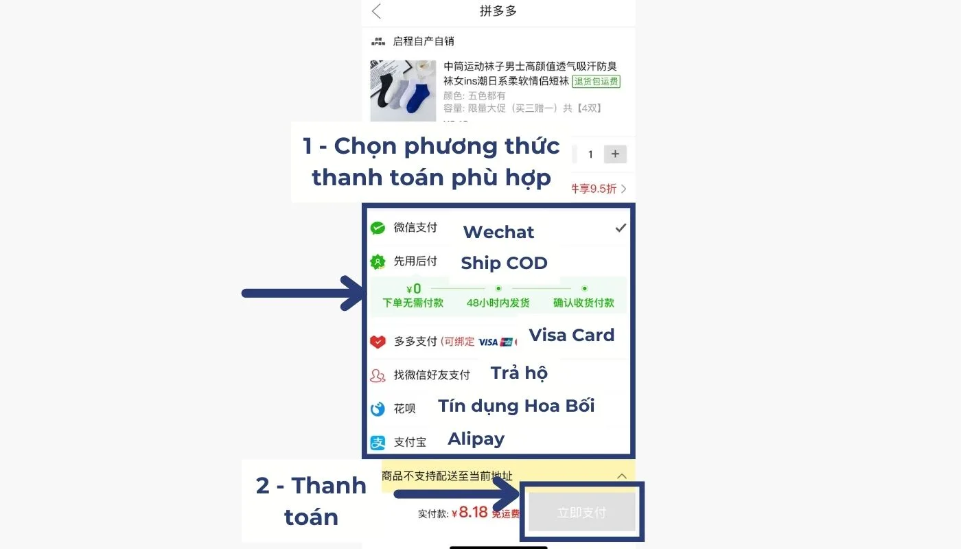 Áp dụng cách thêm hàng vào giỏ Pinduoduo cho phép tùy chọn hình thức thanh toán