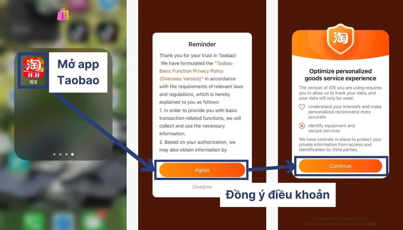 Mở app Taobao Tiếng Việt và nhấn nút đồng ý các điều khoản của ứng dụng