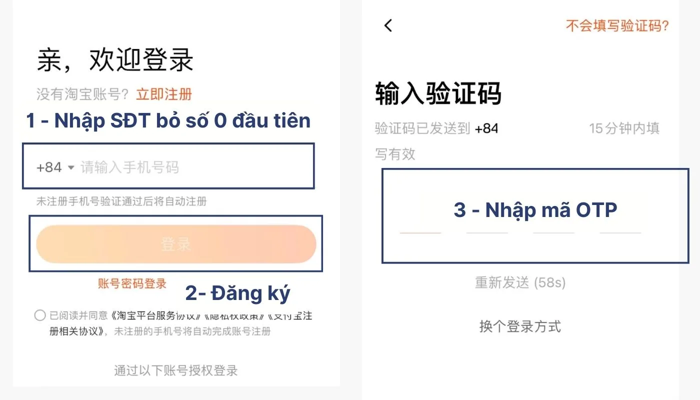 Điền đầy đủ và chính xác các thông tin đăng ký theo yêu cầu của app Taobao