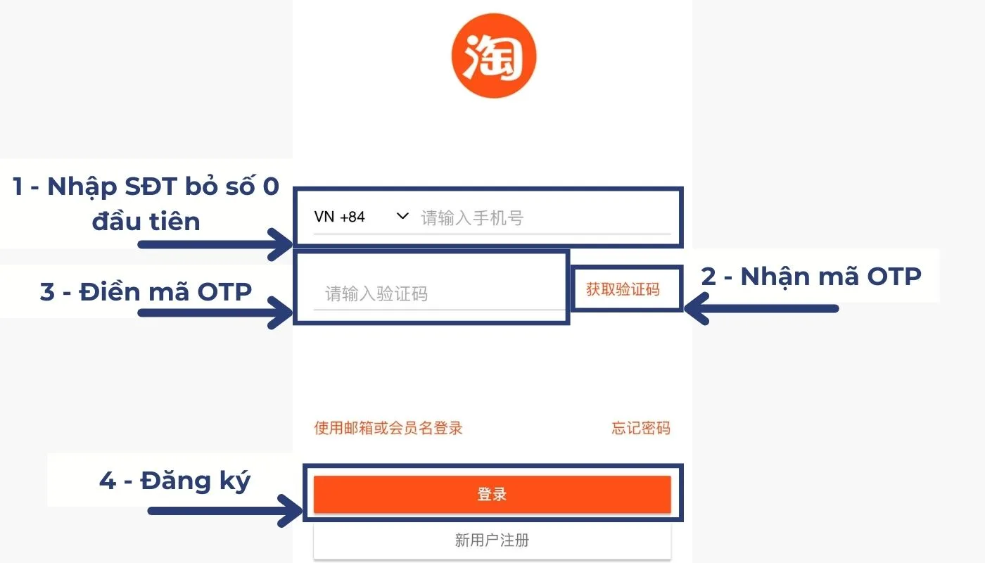 Điền đầy đủ các thông tin đăng ký Taobao theo yêu cầu của hệ thống
