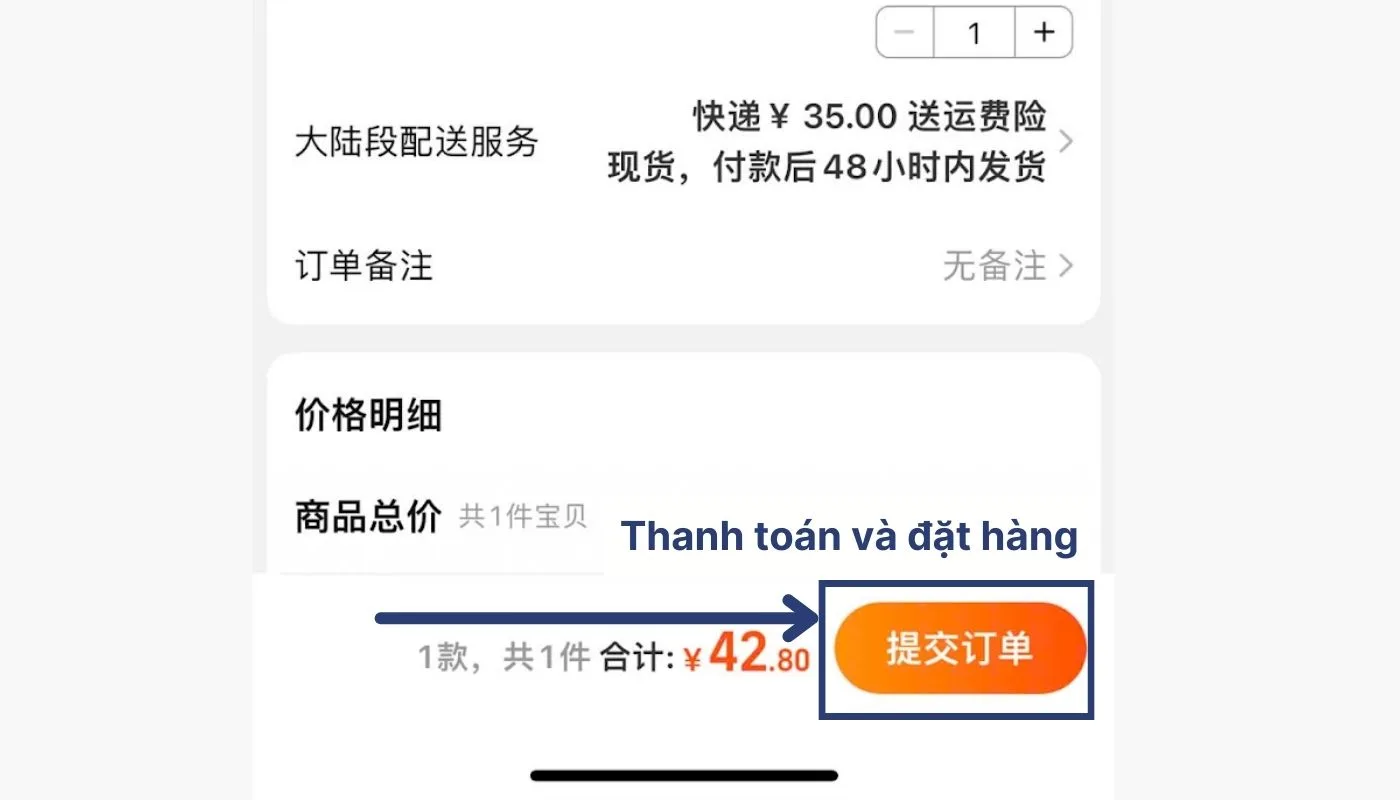 Nhấn nút “提交订单” để thanh toán và đặt hàng trên app Taobao Tiếng Việt thành công