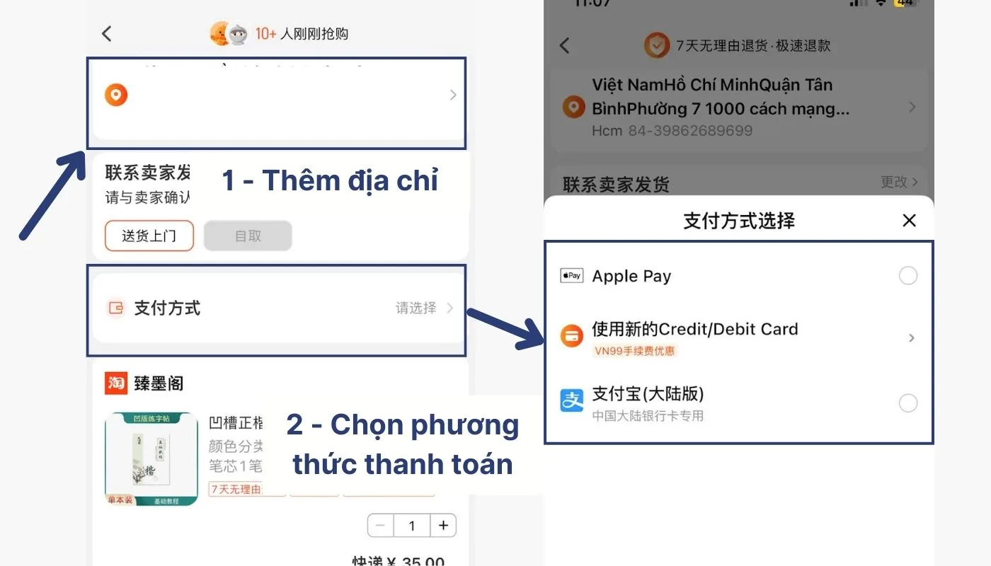 Thêm địa chỉ giao hàng và chọn phương thức thanh toán đơn order Taobao phù hợp