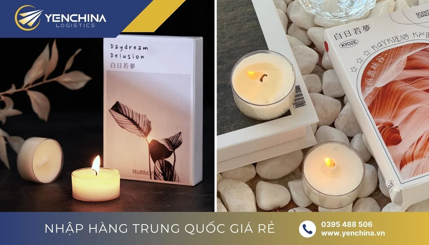Bộ nến tealight nhỏ gọn đang được bày trên khay gỗ trong phòng khách