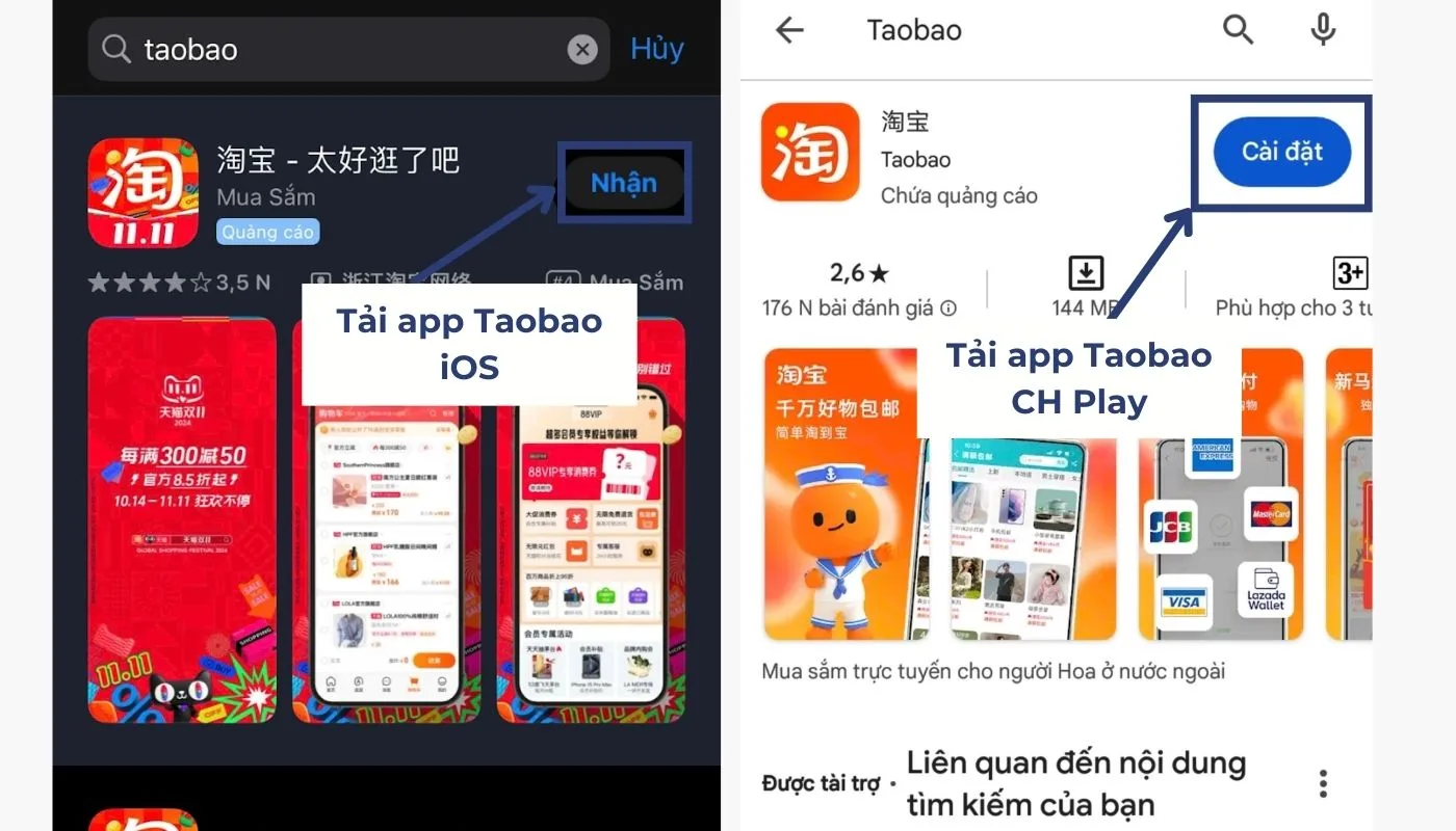 Nhấn nút “Nhận” và “Cài đặt” để hoàn thành cách tải app Taobao trên điện thoại