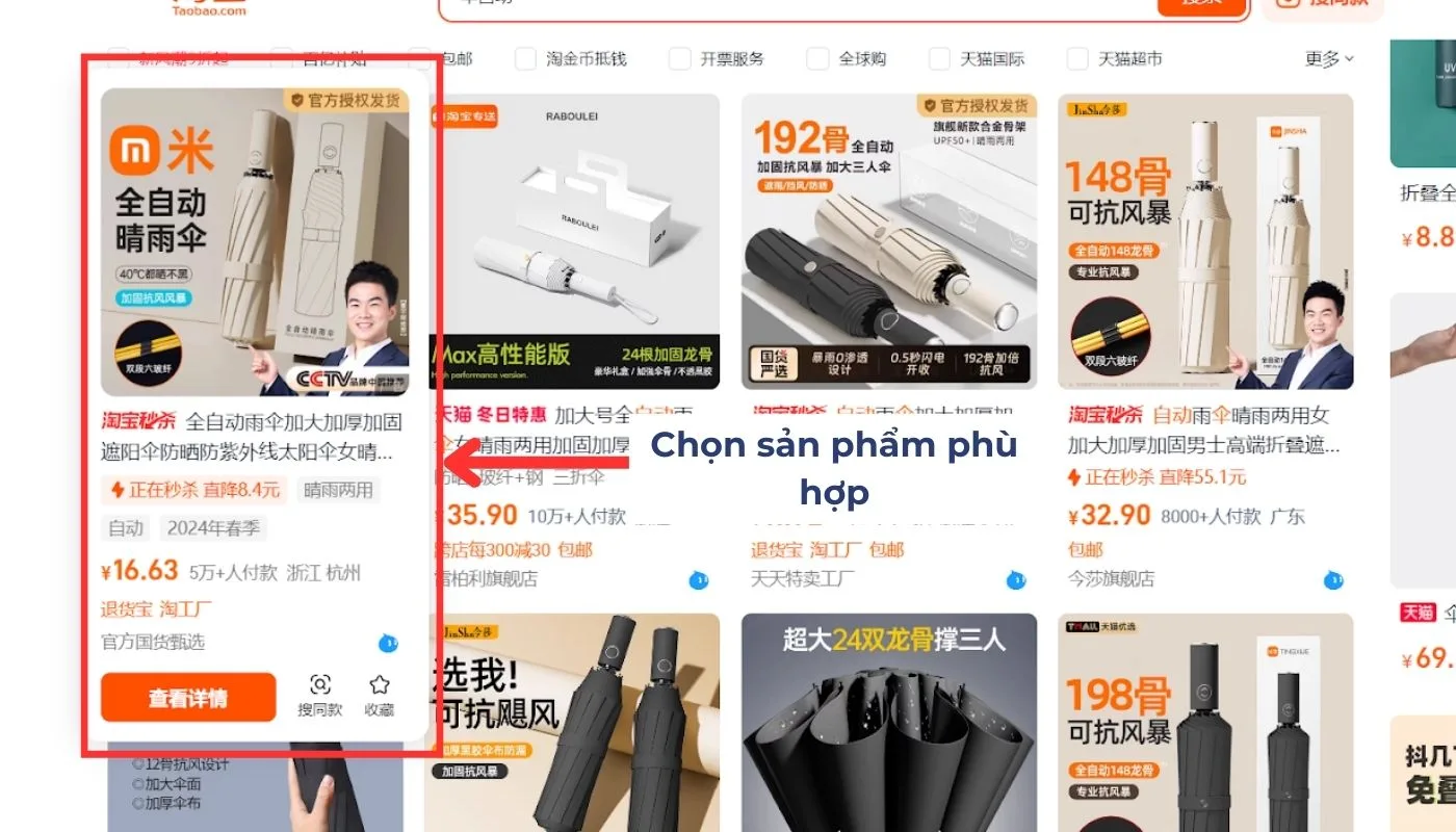 Tìm kiếm và lựa chọn sản phẩm Taobao có video cần tải về máy