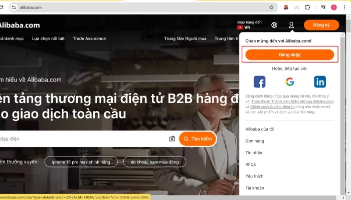 Bước 1 của cách đăng ký tài khoản Alibaba