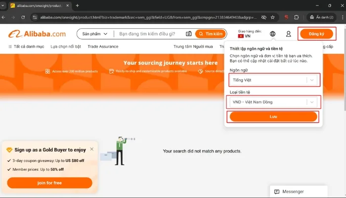 Bước 1 của cách đăng ký tài khoản Alibaba