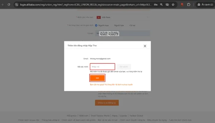 Bước 3 của cách đăng ký tài khoản trên Alibaba